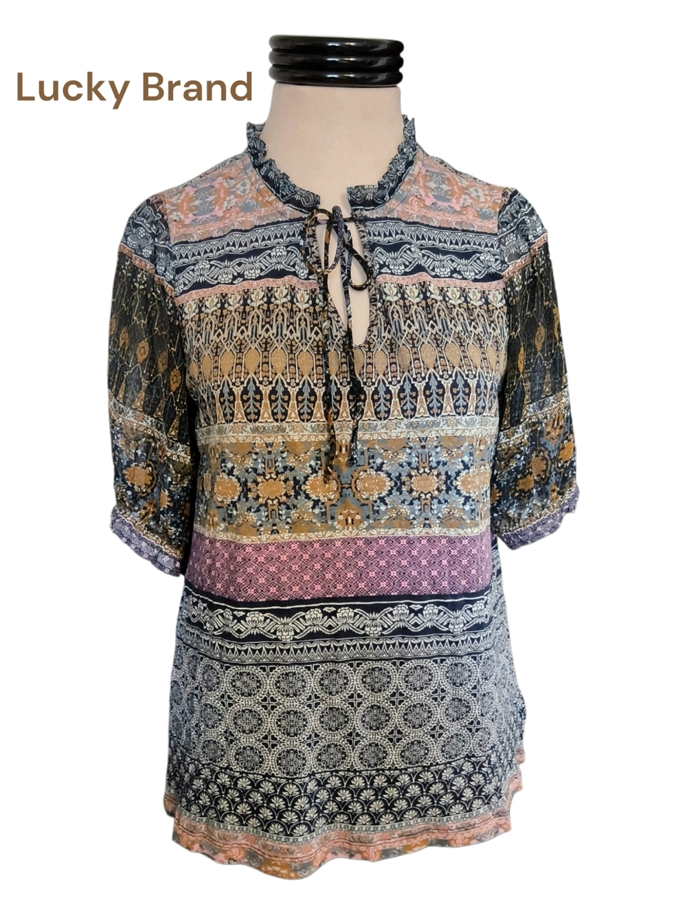 Lucky Brand Feminine Earthtone Boho Print Peasant Top - Short Sleeve